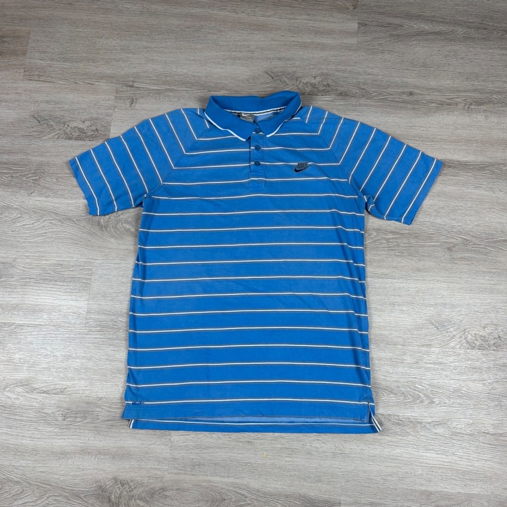 Y2K Nike Polo Shirt Mens XL Blue Striped Nike Fit DrySportswear Short Sleeve